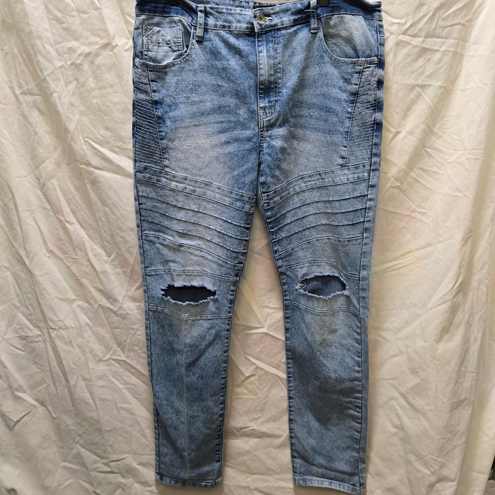 Southpole Men's Skinny Jeans Blue Acid Wash Ripped Distressed Biker 38x32